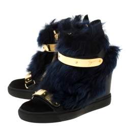 Pre Owned Giuseppe Zanotti Black/Blue Leather And Beaver Fur Lorenz High Top Wedge Sneakers Size 38.5