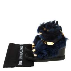 Pre Owned Giuseppe Zanotti Black/Blue Leather And Beaver Fur Lorenz High Top Wedge Sneakers Size 38.5