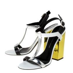 Pre Owned صندل جوسيبي زانوتي جلد ميتاليك ثلاثي اللون بحزام للكاحل كعب مربع سميك مقاس 36.5