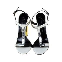 Pre Owned صندل جوسيبي زانوتي جلد ميتاليك ثلاثي اللون بحزام للكاحل كعب مربع سميك مقاس 36.5