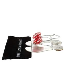 Pre Owned Giuseppe Zanotti Metallic Silver Leather Satin Rose Appliquè Flat Thong Sandals Size 37.5