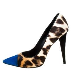 مملوكة مسبقًا  حذاء كعب عالي جوسيبي زانوتي بمقدمة مدببة سويدي أزرق وشعر حصان بنقوش جلد فهد متعدد الألوان مقاس 37.5