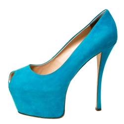 Guisuppe Zanotti Blue Suede Liza Peep Toe Platform Pumps Size 40