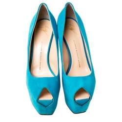 Guisuppe Zanotti Blue Suede Liza Peep Toe Platform Pumps Size 40