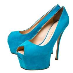 Guisuppe Zanotti Blue Suede Liza Peep Toe Platform Pumps Size 40