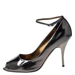 Giuseppe Zanotti Metallic Grey Leather Peep Top Ankle Strap Pumps Size 39
