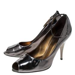 Giuseppe Zanotti Metallic Grey Leather Peep Top Ankle Strap Pumps Size 39