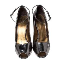 Giuseppe Zanotti Metallic Grey Leather Peep Top Ankle Strap Pumps Size 39