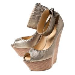 Pre Owned Giuseppe Zanotti Metallic Gold Leather Wedges Platform Ankle Cuff Sandals Size 37