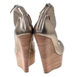 Pre Owned Giuseppe Zanotti Metallic Gold Leather Wedges Platform Ankle Cuff Sandals Size 37