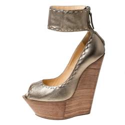 Pre Owned Giuseppe Zanotti Metallic Gold Leather Wedges Platform Ankle Cuff Sandals Size 37