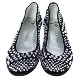 مملوكة مسبقًا Giuseppe Zanotti Black Leather Crystal Studded Ballet Flats Size 38.5