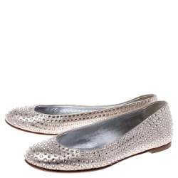 Pre Owned Giuseppe Zanotti Gold Leather Crystal Embellished Ballet Flats Size 36