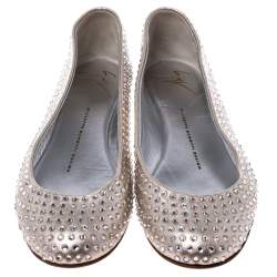 Pre Owned Giuseppe Zanotti Gold Leather Crystal Embellished Ballet Flats Size 36