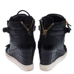 Pre Owned Giuseppe Zanotti Black Croc Embossed Leather Lorenz Wedge High Top Sneakers Size 36.5