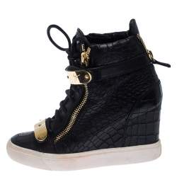 Pre Owned Giuseppe Zanotti Black Croc Embossed Leather Lorenz Wedge High Top Sneakers Size 36.5