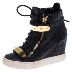 Pre Owned Giuseppe Zanotti Black Croc Embossed Leather Lorenz Wedge High Top Sneakers Size 36.5