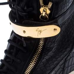 Pre Owned Giuseppe Zanotti Black Croc Embossed Leather Lorenz Wedge High Top Sneakers Size 36.5