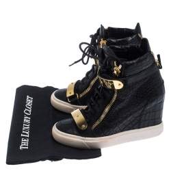 Pre Owned Giuseppe Zanotti Black Croc Embossed Leather Lorenz Wedge High Top Sneakers Size 36.5