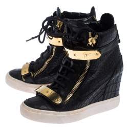 Pre Owned Giuseppe Zanotti Black Croc Embossed Leather Lorenz Wedge High Top Sneakers Size 36.5