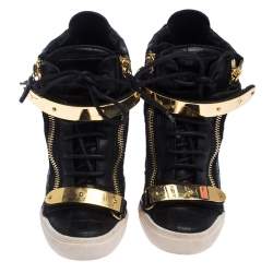 Pre Owned Giuseppe Zanotti Black Croc Embossed Leather Lorenz Wedge High Top Sneakers Size 36.5