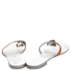 Pre Owned Giuseppe Zanotti Orange Leather Crystal Toe Ring Sandals Size 37.5