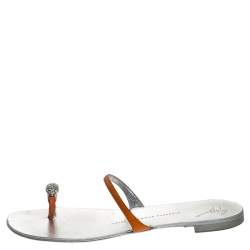 Pre Owned Giuseppe Zanotti Orange Leather Crystal Toe Ring Sandals Size 37.5