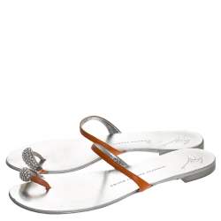 Pre Owned Giuseppe Zanotti Orange Leather Crystal Toe Ring Sandals Size 37.5
