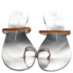 Pre Owned Giuseppe Zanotti Orange Leather Crystal Toe Ring Sandals Size 37.5