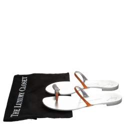Pre Owned Giuseppe Zanotti Orange Leather Crystal Toe Ring Sandals Size 37.5