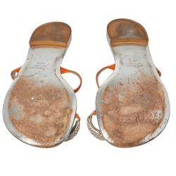 Pre Owned Giuseppe Zanotti Orange Leather Crystal Toe Ring Sandals Size 37.5