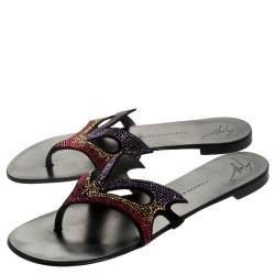 Pre Owned Giuseppe Zanotti Black Crystal Embellished Suede Thong Flat Sandals Size 39