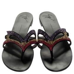 Pre Owned Giuseppe Zanotti Black Crystal Embellished Suede Thong Flat Sandals Size 39