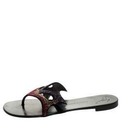 Pre Owned Giuseppe Zanotti Black Crystal Embellished Suede Thong Flat Sandals Size 39