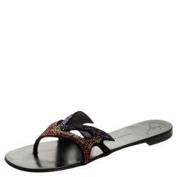Pre Owned Giuseppe Zanotti Black Crystal Embellished Suede Thong Flat Sandals Size 39