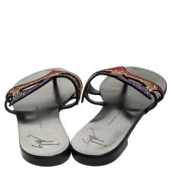 Pre Owned Giuseppe Zanotti Black Crystal Embellished Suede Thong Flat Sandals Size 39