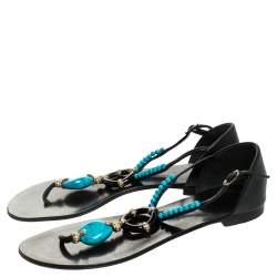 مملوكة مسبقًا Giuseppe Zanotti Black Leather Turquoise Beaded Ankle Strap Thong Sandals Size 38.5