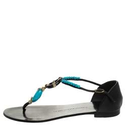 مملوكة مسبقًا Giuseppe Zanotti Black Leather Turquoise Beaded Ankle Strap Thong Sandals Size 38.5