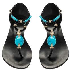 مملوكة مسبقًا Giuseppe Zanotti Black Leather Turquoise Beaded Ankle Strap Thong Sandals Size 38.5