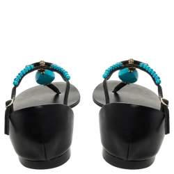 مملوكة مسبقًا Giuseppe Zanotti Black Leather Turquoise Beaded Ankle Strap Thong Sandals Size 38.5