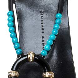 مملوكة مسبقًا Giuseppe Zanotti Black Leather Turquoise Beaded Ankle Strap Thong Sandals Size 38.5