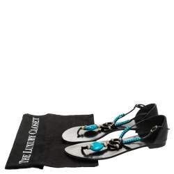 مملوكة مسبقًا Giuseppe Zanotti Black Leather Turquoise Beaded Ankle Strap Thong Sandals Size 38.5