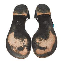 مملوكة مسبقًا Giuseppe Zanotti Black Leather Turquoise Beaded Ankle Strap Thong Sandals Size 38.5