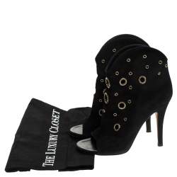Pre Owned Giuseppe Zanotti Black Suede Embellished Eyelet Peep Toe Booties Size 36.5