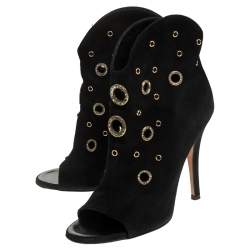 Pre Owned Giuseppe Zanotti Black Suede Embellished Eyelet Peep Toe Booties Size 36.5