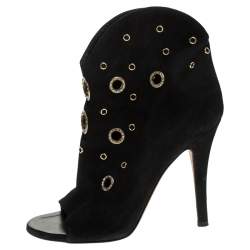 Pre Owned Giuseppe Zanotti Black Suede Embellished Eyelet Peep Toe Booties Size 36.5