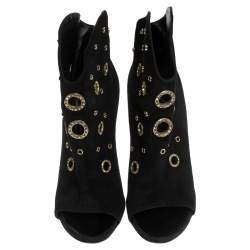 Pre Owned Giuseppe Zanotti Black Suede Embellished Eyelet Peep Toe Booties Size 36.5