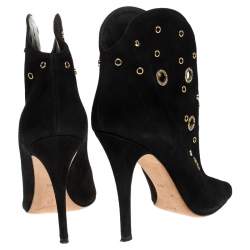 Pre Owned Giuseppe Zanotti Black Suede Embellished Eyelet Peep Toe Booties Size 36.5