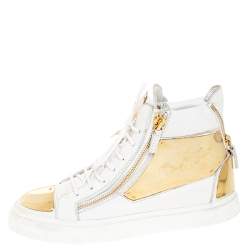 Giuseppe Zanotti White Leather Metal Embellished Double Chain High Top Sneakers Size 41