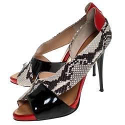 Giuseppe Zanotti Black/Red Cross Patent Leather and Python Embossed Leather Open Toe Sandals Size 41